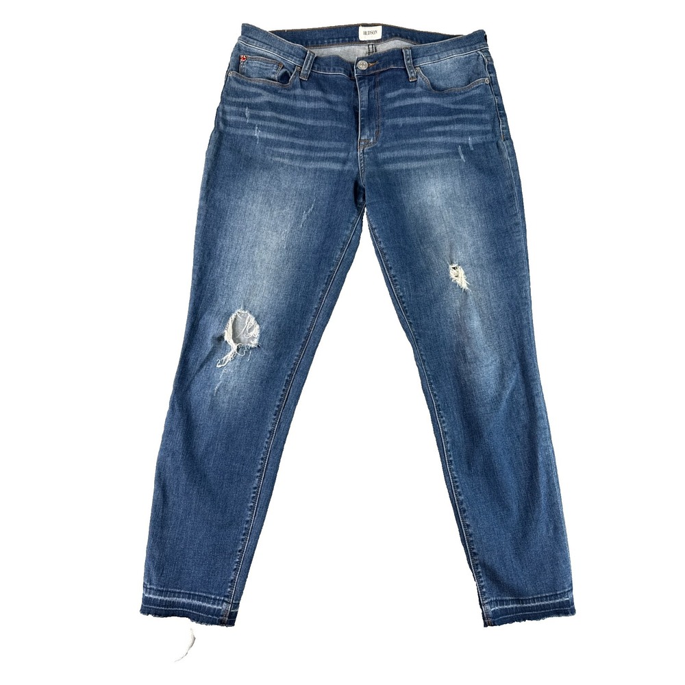Hudson Jeans Women 32 Blue Distressed Skinny Raw Hem Stretch Ankle Denim